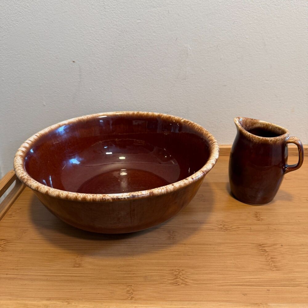 Vintage Hull Brown Drip Pottery Serving Bowl Creamer Pitcher 2 Pc USA